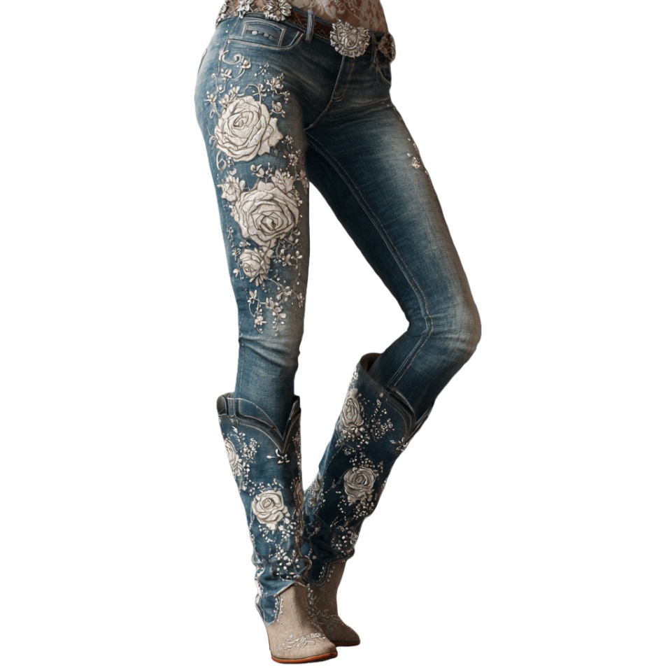 Retro Floral Print Jeans High Waist Slim Imitation Jeans Elegant Casual Trousers